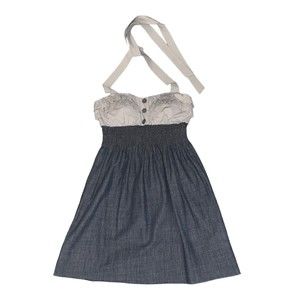 CLK Mini Dress Halter Tie Back Neck Gray Ruffle Bust Blue Chambray Size S